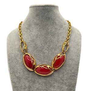 T Tahari Capri Brushed Gold Tone Statement Necklace w Pink Cabochons 20" Adj.